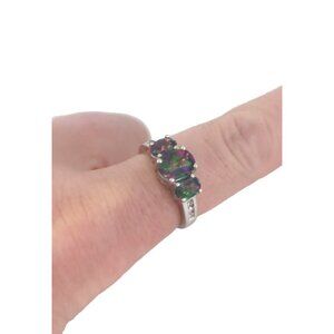 Mystic Topaz 10K 3 Stone White Gold Ring Size 6.5 - Samuel Aaron Inc. Signed THL